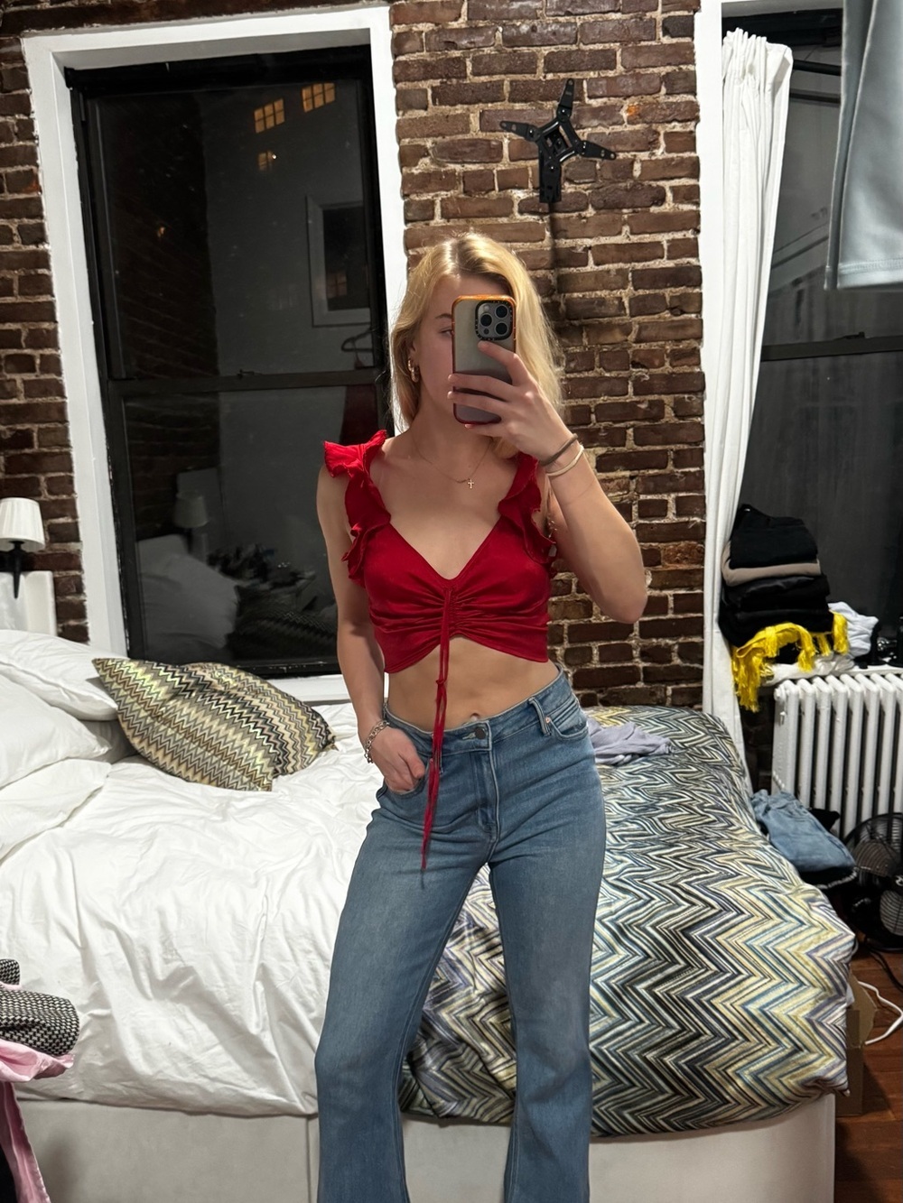 Free People Red Ruffle-Trim Drawstring Crop Tank - Picture 4 of 5